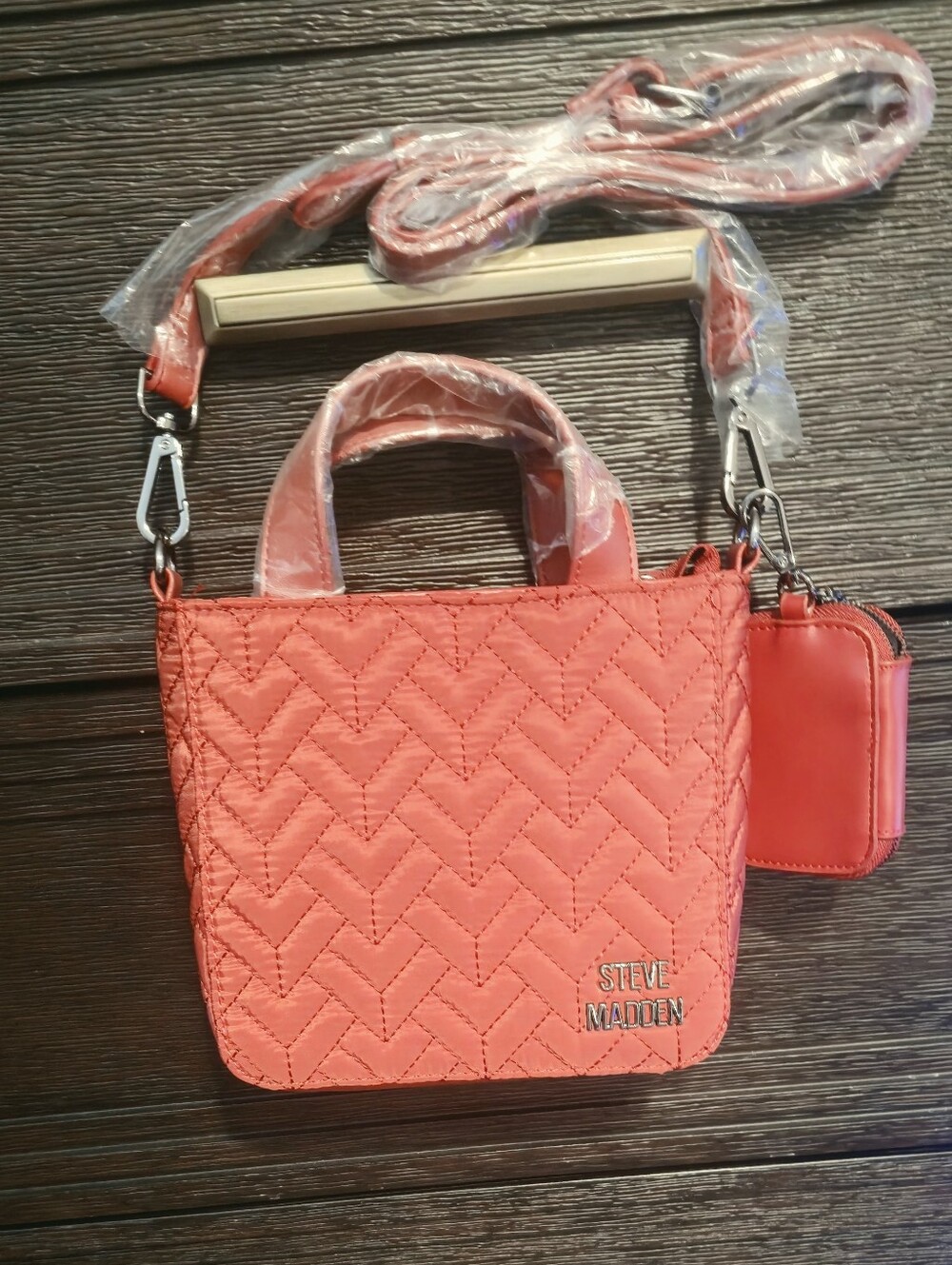 Steve Madden Quilted Mini Tote Crossbody Bag w/ Coin Pouch Coral Red NWT